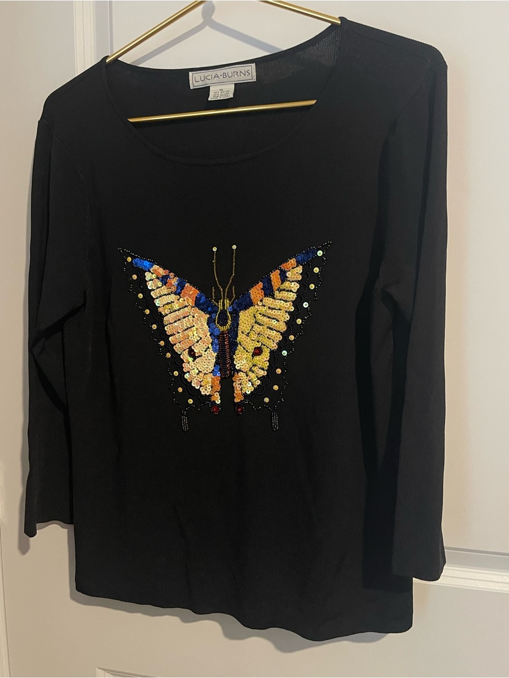Lucia Burns woman’s XL Black Knit Spangled&Beaded 3/4 Sleeve Butterfly top